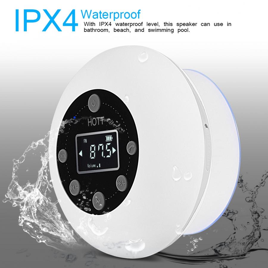 Mini Bluetooth Wireless Waterproof Shower Speaker with Suction Cup Time Digital Display FM Radio Mic Handsfree Steore Output