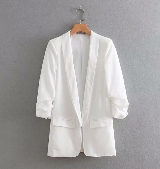 Smart slik ensfarvet ruched manchet mellemlang blazer med foring kvinde sjalkrave slim fit jakkesæt afslappet jakke frakke overtøj