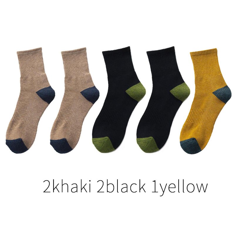 5 paar japanse katoenen herensokken dikke badstof lange sokken heren zakelijke herfst winter warme sokken calcetines meias: 2 kahki 2 zwart 1 geel