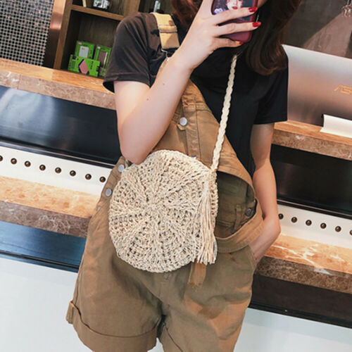 US STOCK Women Cross Body Bag Round Circular Rattan Wicker Straw Woven Beach Basket Purse