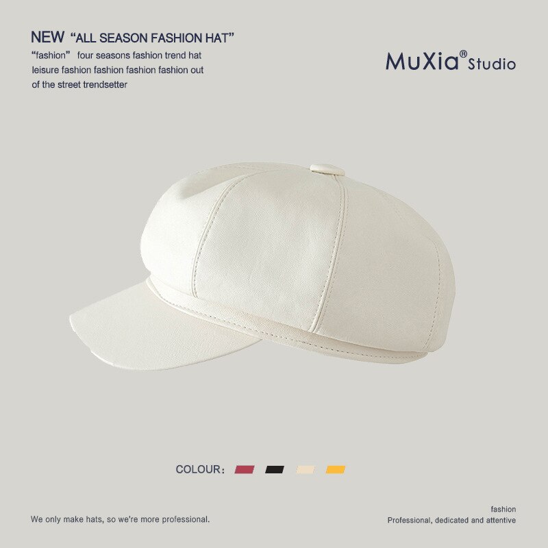 Cuero de la PU de invierno tapa octogonal chicas boina sombreros para las mujeres de Color verde gorras estilo vendedor de periódicos de la mujer de estilo británico boinas gorro para mantenerse: white