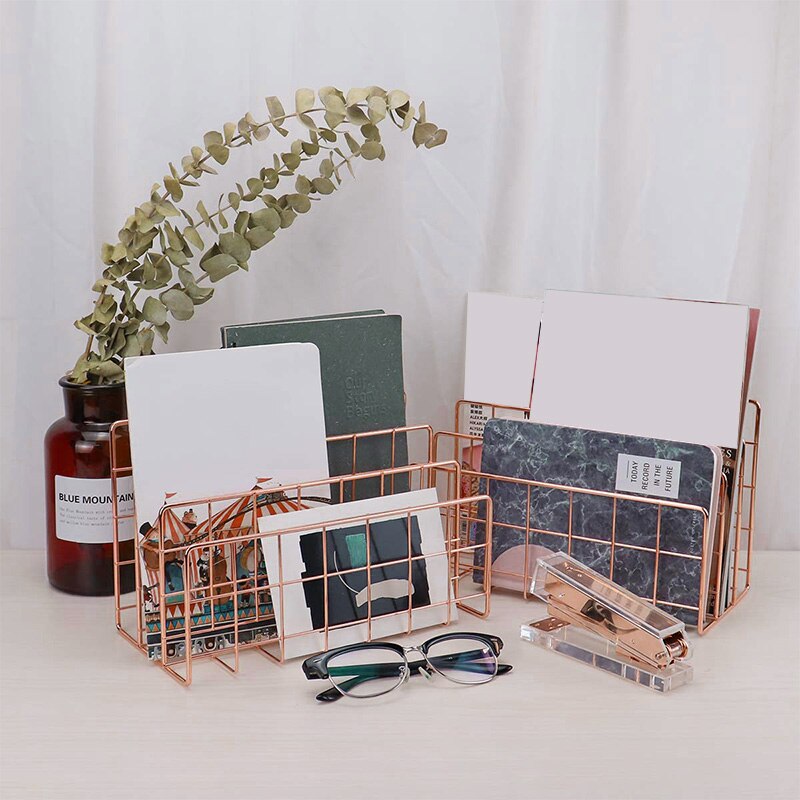 Mail Organizer, 3-Slot Mail Holder, Metal Wire Mail Sorter for Letters, Mails, Books, Postcards and More, Pack of 2, Rose Gold