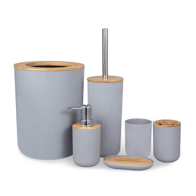 Untior 6 stk badeværelse tilbehørssæt bambus badeværelse kit tandbørsteholder sæbedispenser toiletbørste skraldespand badeværelse sæt: Lysegrå