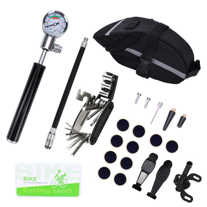 Multi 16 In 1 Bike Tyre Repair Kit Mountain Bike Cycle Puncture Tyre Pump With Bag Gas Cylinder Gauge MTB Repair Tools Kit Set