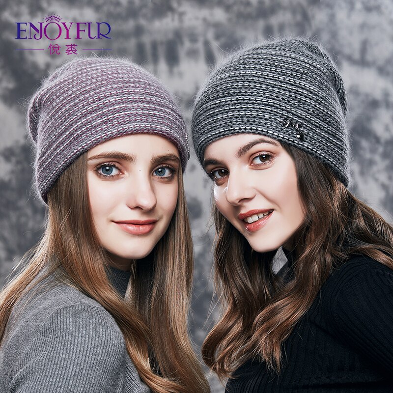 Enjoyfur gebreide wollen muts voor de winter dubbele laag dikke warme zachte damesmuts casual mutsen damesmutsen muts voor dames