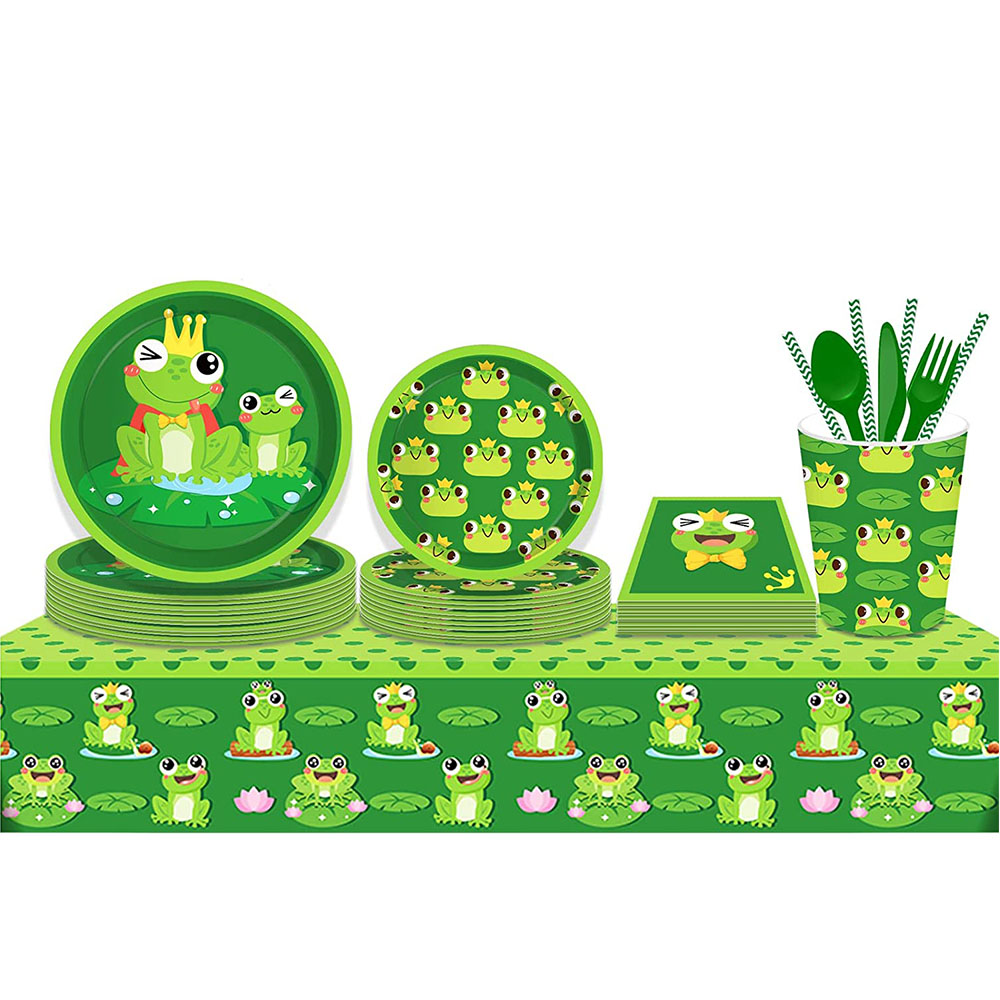 Frog Birthday Party Supplies Disposable Tableware Frog Plates Napkins Cups Latex Foil Balloon Frog Themed Birthday Party Supplie