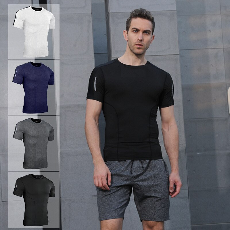 T-shirt de sport en coton à col rond pour homme, vêtement d'entraînement, de gym, de course, moulant et élastique