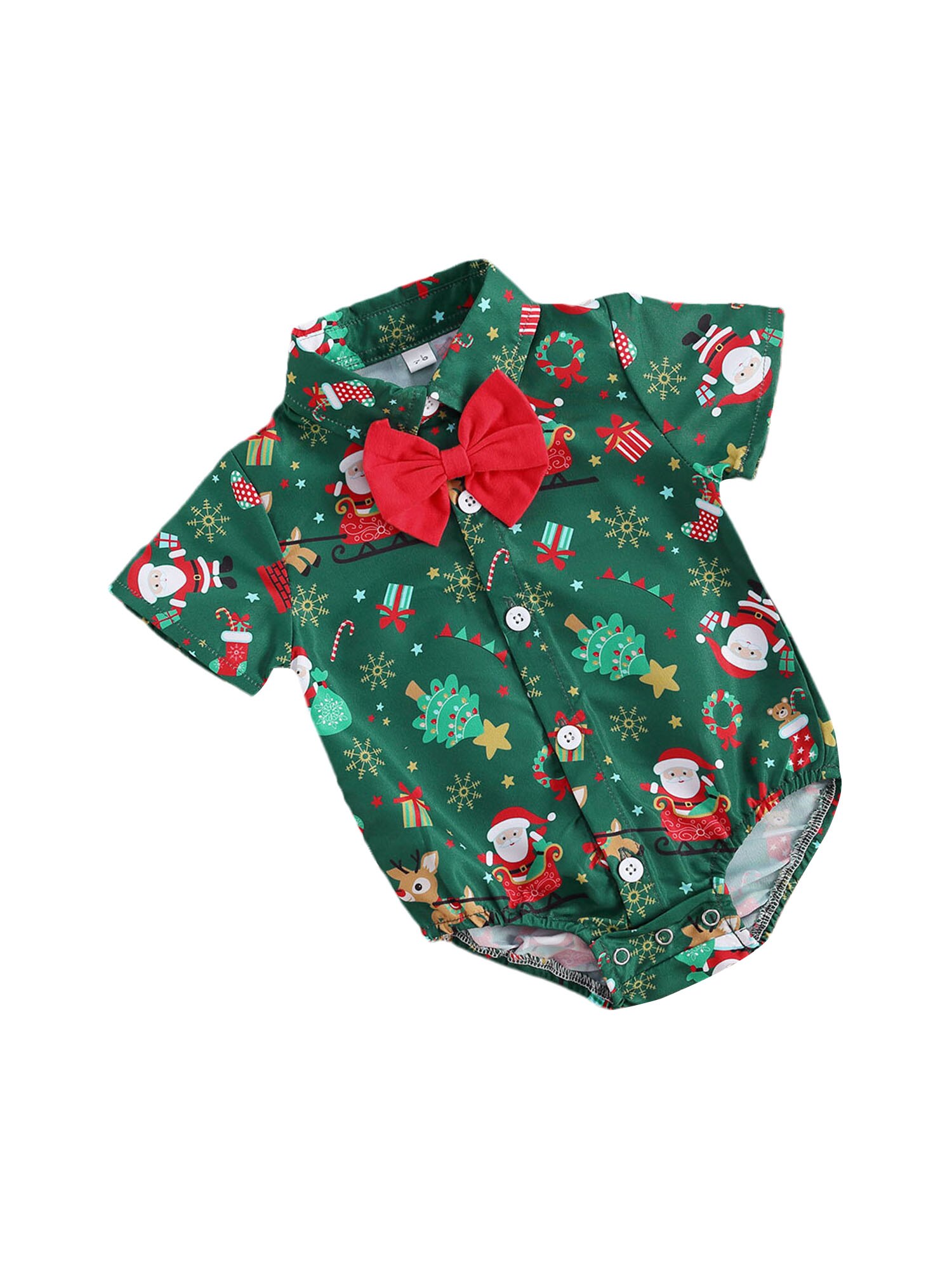 Infant Baby Girls Boys One-Pieces Bodysuits Christmas Santa Print Short Sleeve Bow Tie Gentleman Party Jumpsuits XMAS 0-24M: Green / 18M