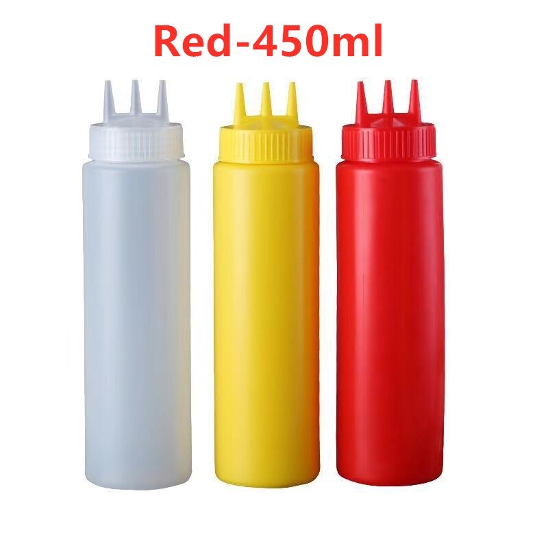 1PC 3 Holes Twist Cap Food Grade Plastic Squeeze Bottle Ketchup Mustard Mayo Sauces Olive Oil Bottles Kitchen Gadget: Red-450ml