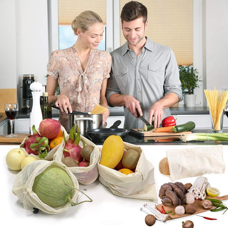 Reusable Shopping Bags, 12-Set Reusable Product Bags Organic Cotton Washable Plastic-Free Bags Zero Waste Shopping Net Bags For