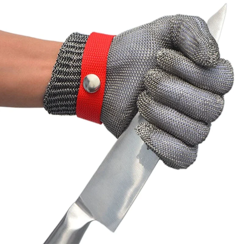 Plastic Belt Stainless Steel Mesh Glove Cut Resistant Chain Mail Protective Anti-Cutting Glove for Kitchen Butcher Cleaner Glove: Red / L