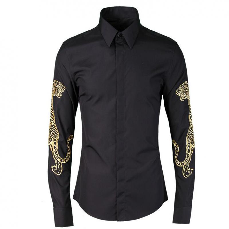 Tiger Luxury Embroidered Mens Dress Plus Size 4XL Hand-painted Long Sleeve 100% Cotton Shirts Man