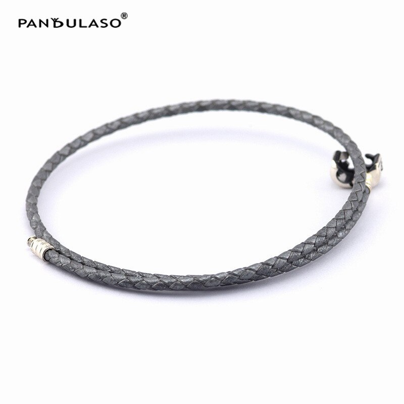Cor cinza pulseira de couro com fecho de prata esterlina se encaixa europeu encantos & contas mulher diy jóias pulseiras