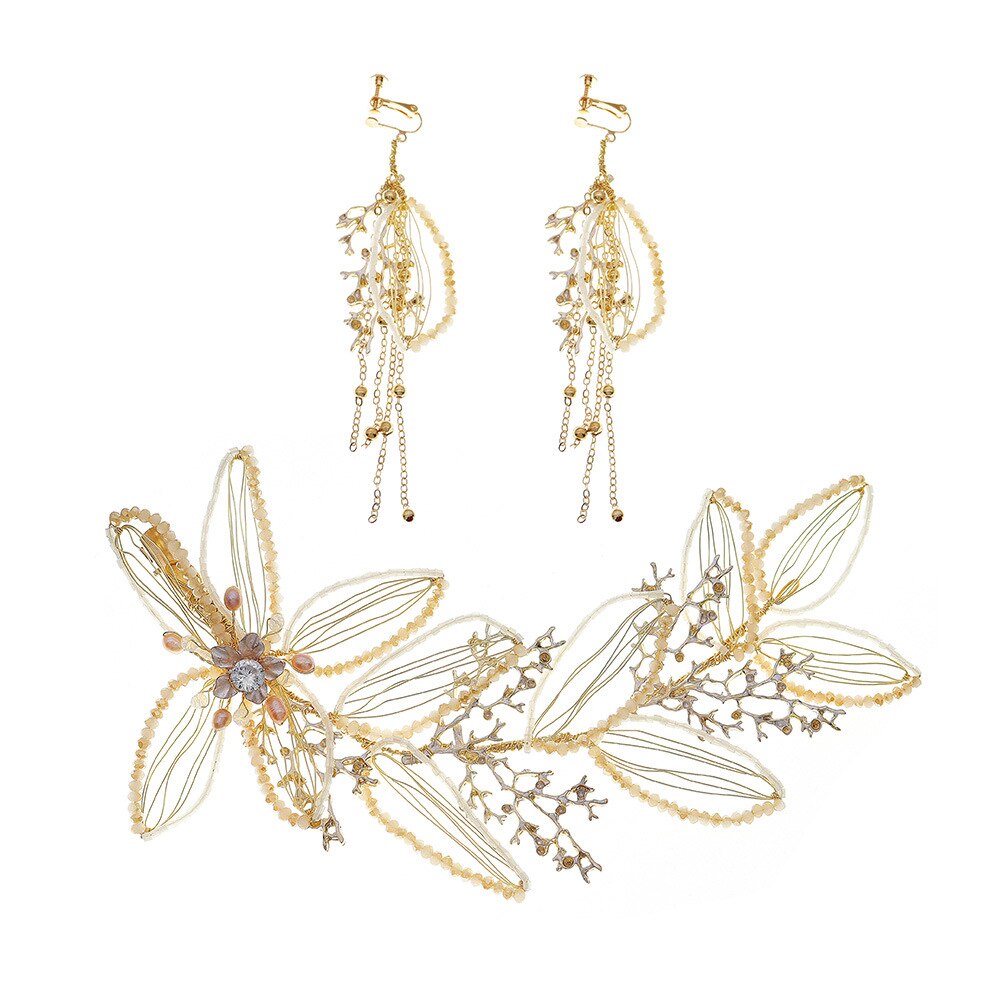 Set di gioielli per orecchini a fascia per fata coreana gioielli per diadema da sposa gioielli per capelli da sposa con copricapo di fiori di perle