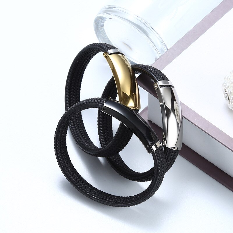 Klassieke Stijl Mannen Siliconen Armband Zwart/Zilver Kleur Rvs Knop Neutrale Accessoires Hand Geweven Sieraden