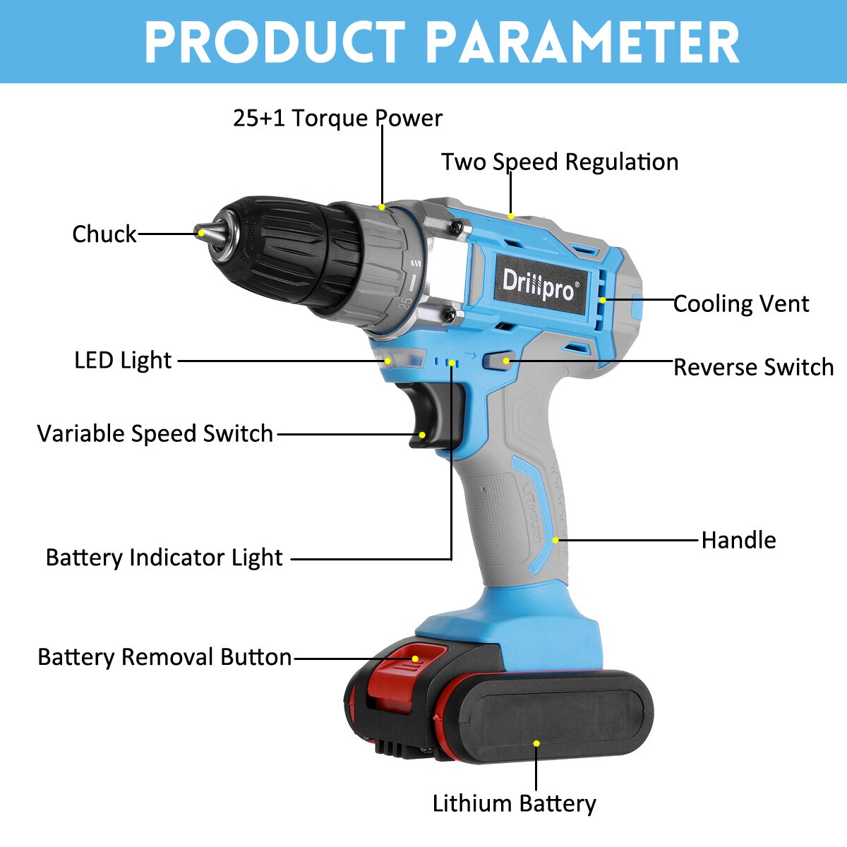 Drillpro-taladro inalámbrico de 12V, 16V, 21V, 10MM, 25 + 1, minicontrolador de potencia, batería de iones de litio, herramientas eléctricas