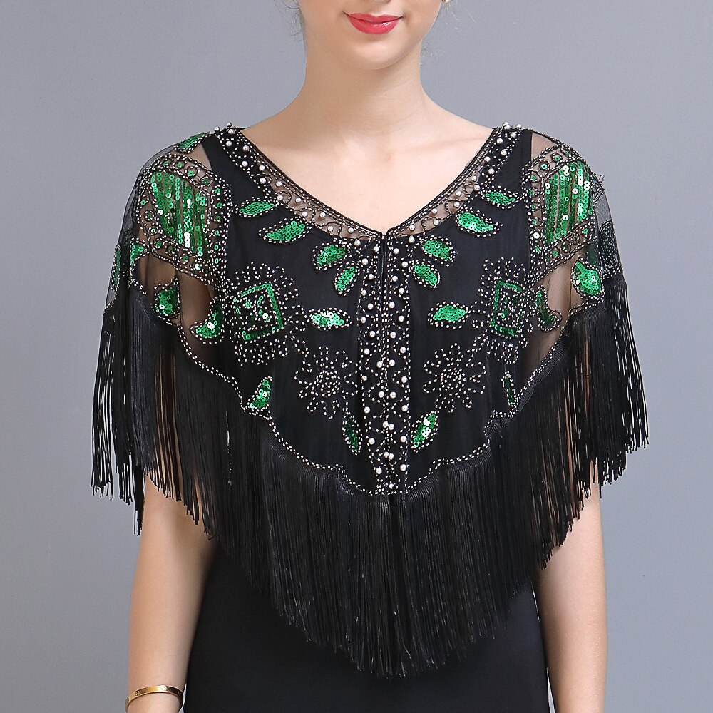Vrouwen 1920 S Lovertjes Sjaal Met Kwastjes Kralen Parel Fringe Sheer Mesh Wraps Gatsby Flapper Bolero Cape Cover Up: black green