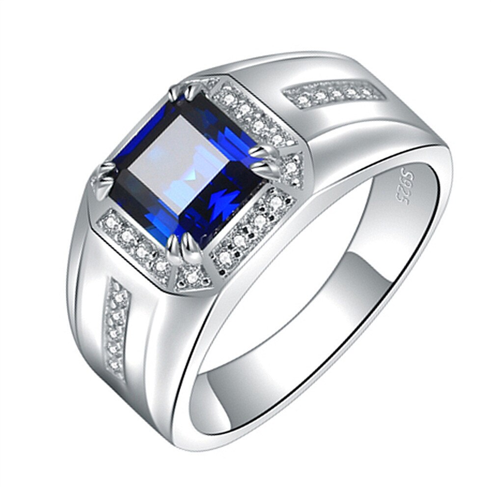 Classico quadrato di cristallo blu zaffiro pietre preziose anelli di diamanti per gli uomini oro bianco argento colore bague gioielli accessori regali