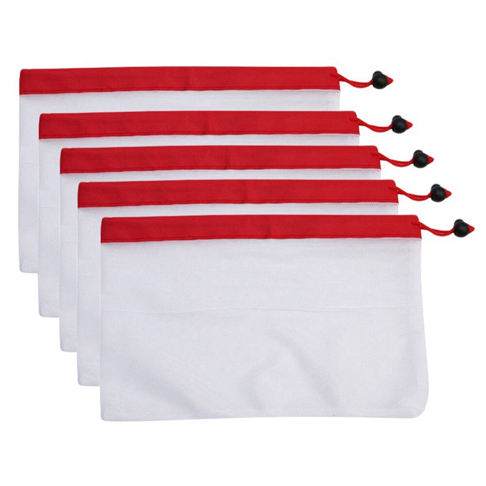 5Pcs Reusable Produce Sacks Bags Grocery Fruit Vegetable Food Mesh Storage Pouch Set: Red