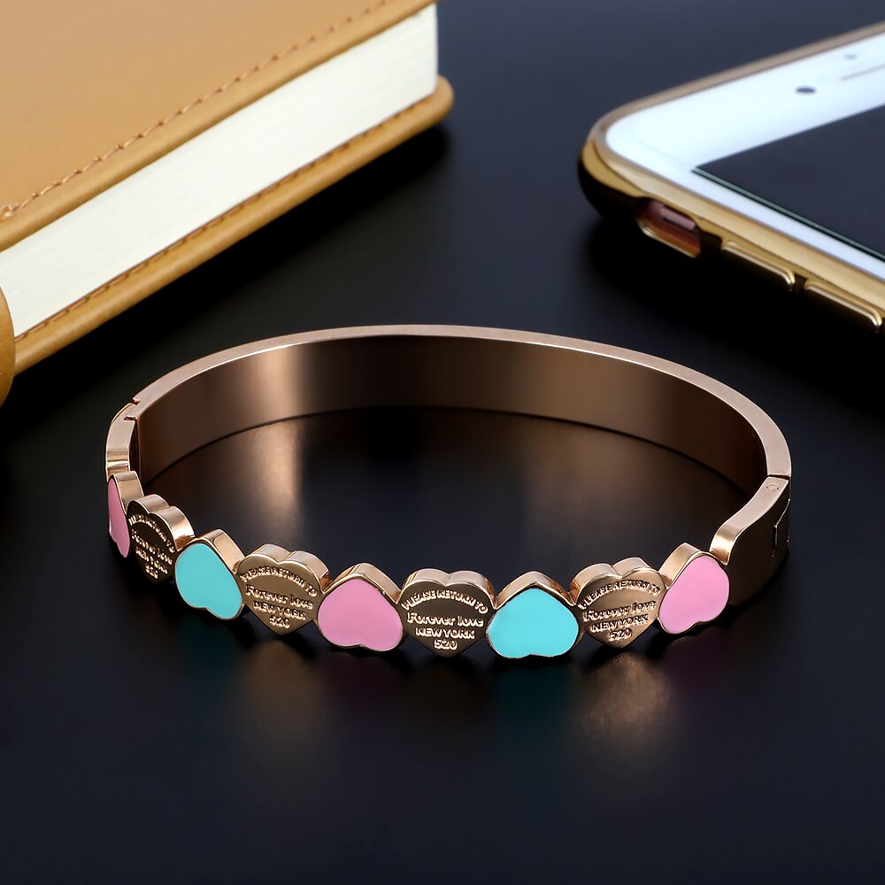 Sweet Heart Charm Cuff Bangles For Girls Stainless Steel Gold Plating 8mm Width Luxury Wristband Wedding Women Female Jewelry: Rose Gold