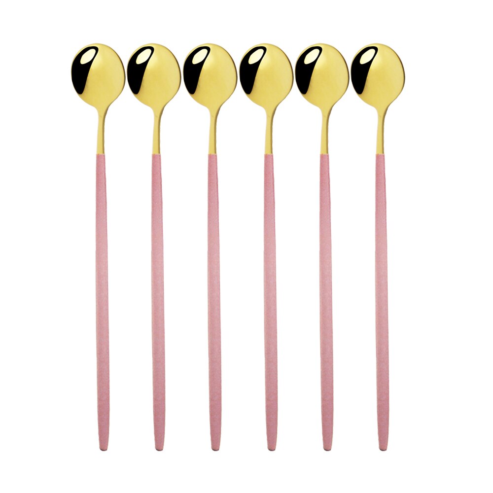 6Stck Schwarz Lange Hangdle Löffel Für Poliert Rühren Trinken 304 Steainless Stahl Geschirr Geschirr Besteck Eis Löffel einstellen: 6Stck Rosa Gold