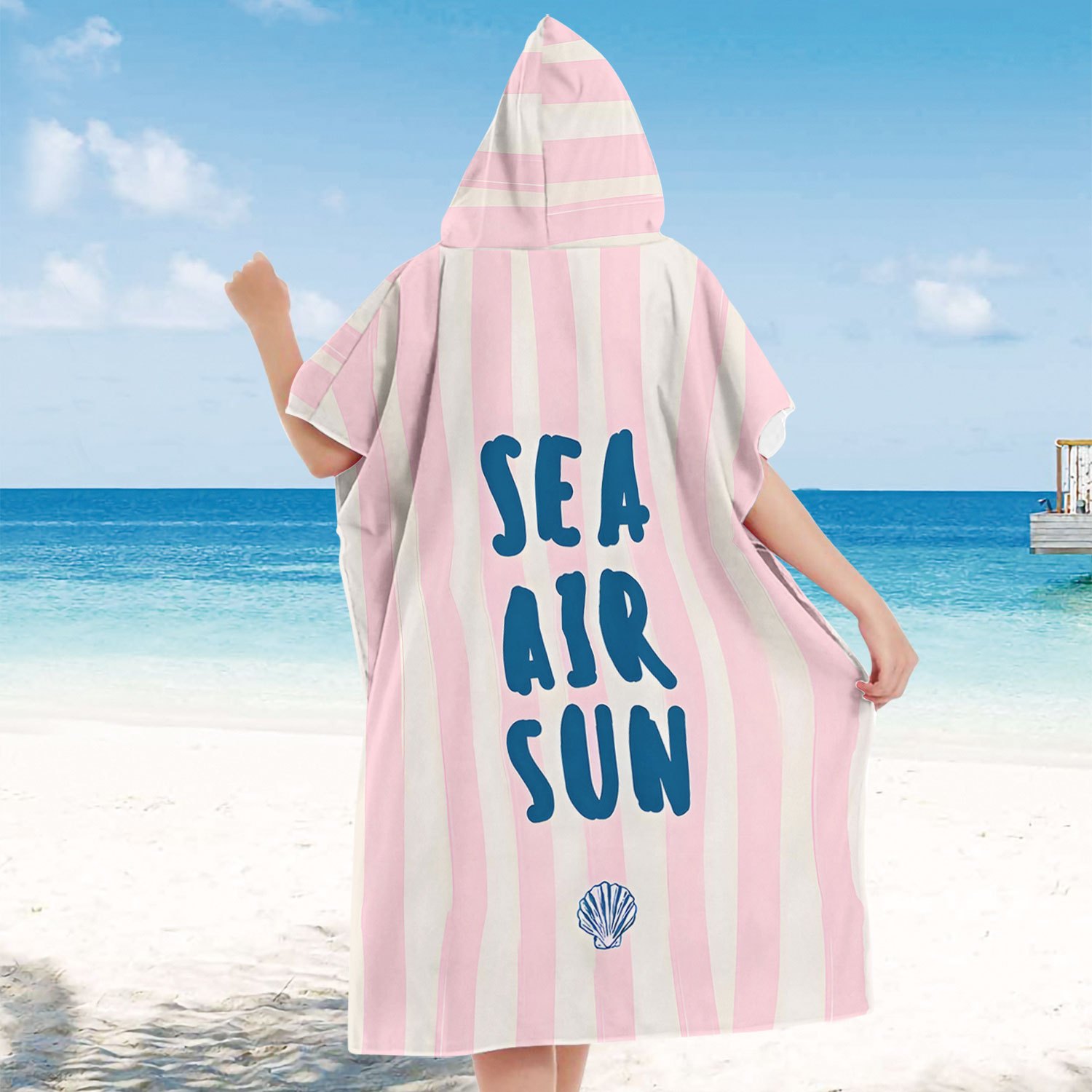 1 Stück "Meer Luft Sonne" Surfen-Poncho-Handtuch, Polyester-Umziehrobe mit Kapuze für Höhle Strand, Rosa-Weiß gestreifter Badeponcho, für Erwachsene und freundlicher