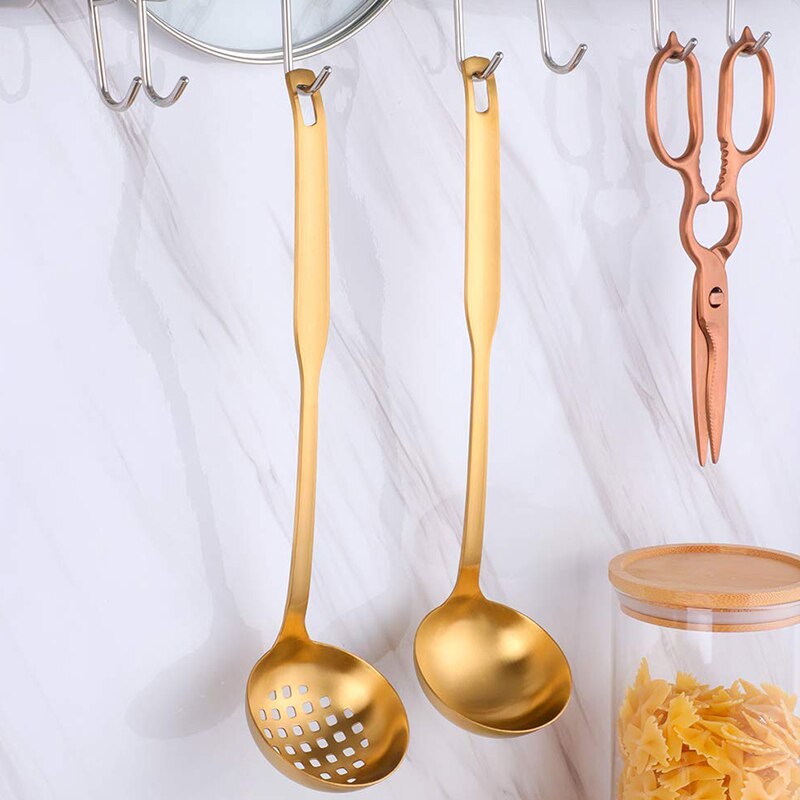 Juego Metal dorado colador de cazo para sopa de 2 piezas, utensilios de cocina de acero inoxidable con mango largo, utensilios de cocina, utensilios para servir cuchara, utensilio de cocina para
