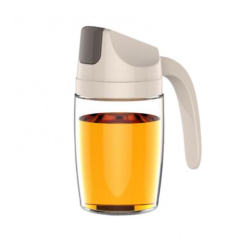 Leakproof Glass Oil Bottle Can Automatic Opening Seasoning Dispenser with Handle: Apricot 300ml