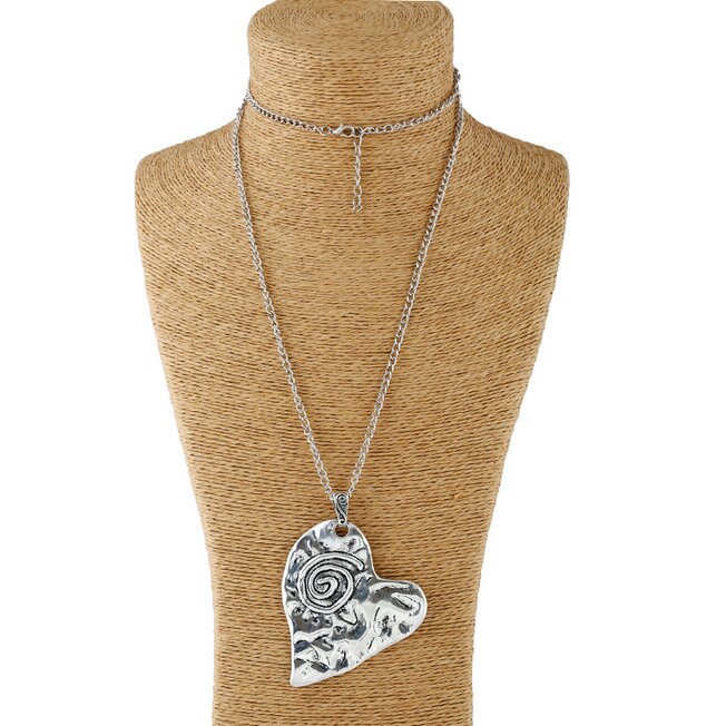 1pcs Antique Sliver Statement Large Abstract Metal Heart Pendant Long Curb Chain Lagenlook Necklace for Women: 2