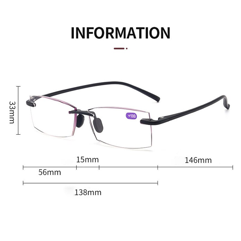 Zilead Anti Blue Light Presbyopic Glasses Frameless Clear Lens Comfortable With Spectacle Case For Women Men +4.0