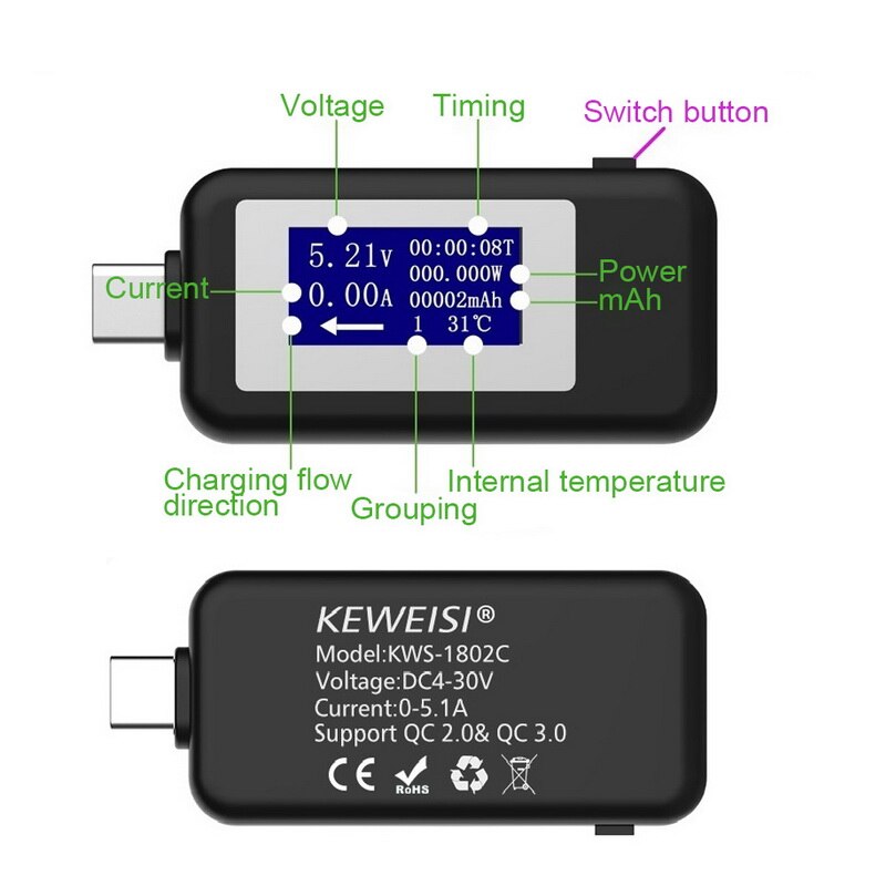 Usb tester multimeter digital strøm- og spændingsmåler kapacitet strømoplader detektor til smartphone