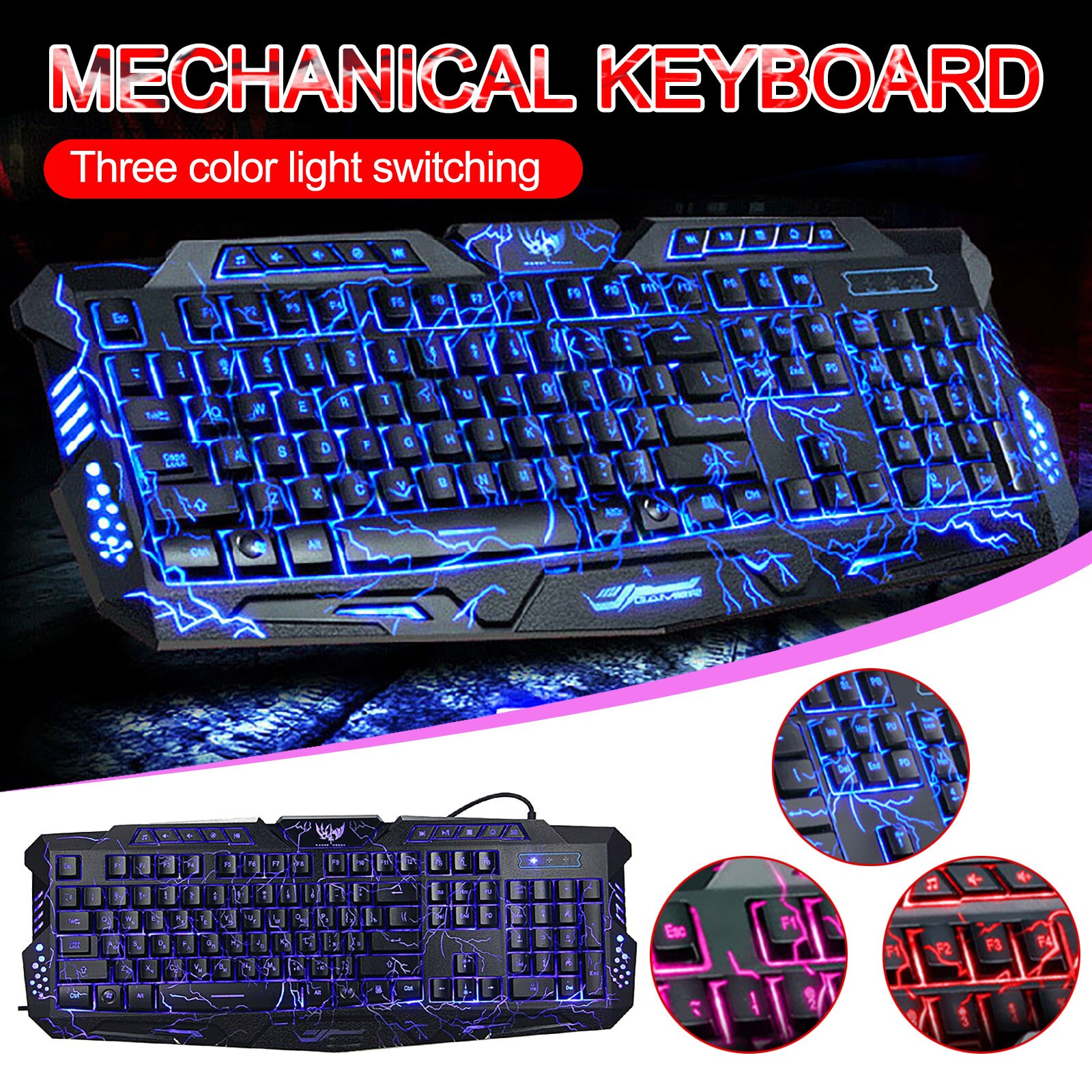 3 Colors USB Illuminated Led Backlit Backlight Gaming Crack Keyboard M200 Switch Gaming Keyboards for Tablet Desktop: Default Title