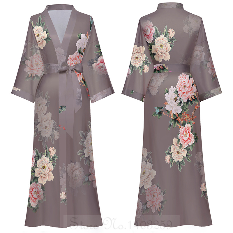 Peignoir kimono à manches mi-longues de style japonais pour femmes, robe longue femme, chemise de nuit, vêtements de nuit, satin imprimé fleuri, robe en span pour la maison