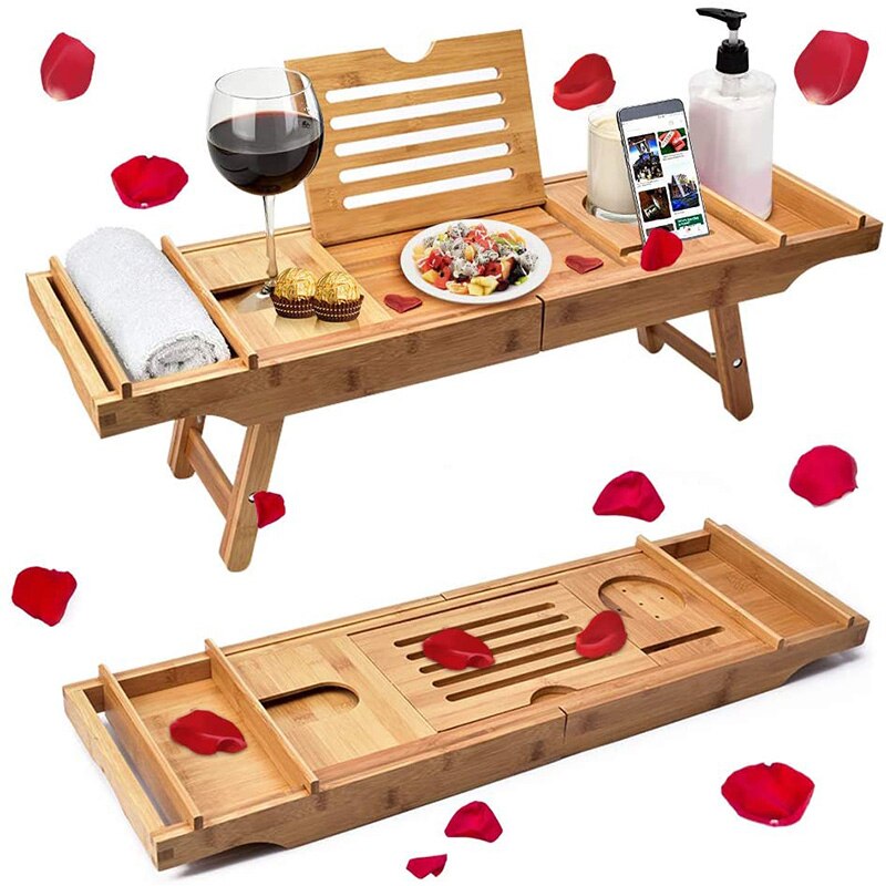 Bambus Badewanne Fach Einstellbare Versenkbare Bad Badewanne Organizer mit Buch Tablet Wein Glas Tasse Handtuch Halter