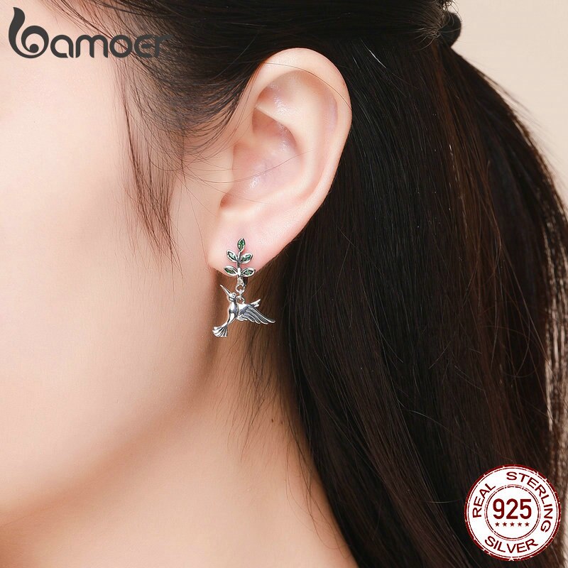 BAMOER 100% Genuine 925 Sterling Silver Hummingbirds Greetings Bird Stud Earrings for Women Earrings Jewelry SCE464