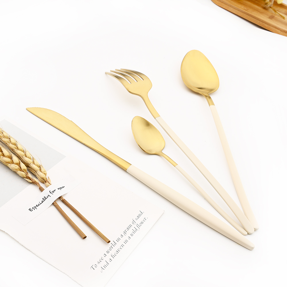 1Pcs Bestek Set 304 Rvs Kleurrijke Servies Set Lepel Mes Servies Set Zilverwerk Beige Goud Keuken Accessoires