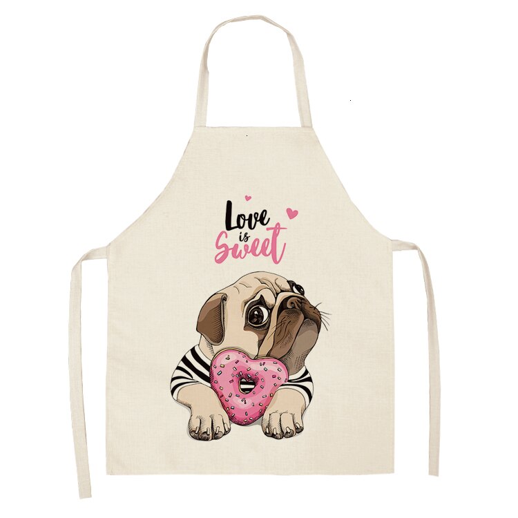 Nette Hund Mops Gedruckt Baumwolle Leinen Ärmel Schürze Küche Schürzen Frauen Hause Kochen Backen Taille Lätzchen Schürze 53*65cm WQL0152: WQL0152-19