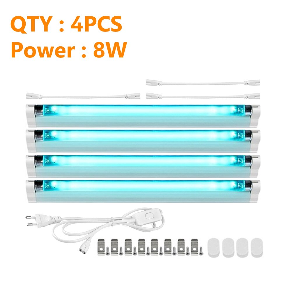 UVC Disinfection Lights Tube UV Ozone Germicidal Lamp T5 Tube Kill Dust Mite Ultraviolet Sterilizer Bulbs 6W 8W EU Plug 220V: 4x8Wx1xEUx3xCable