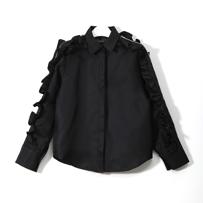Neploe solide volants femmes chemises coréen nouvelle rue BF à manches longues Blouse décontracté col rabattu Blusas 66983: 66983 black