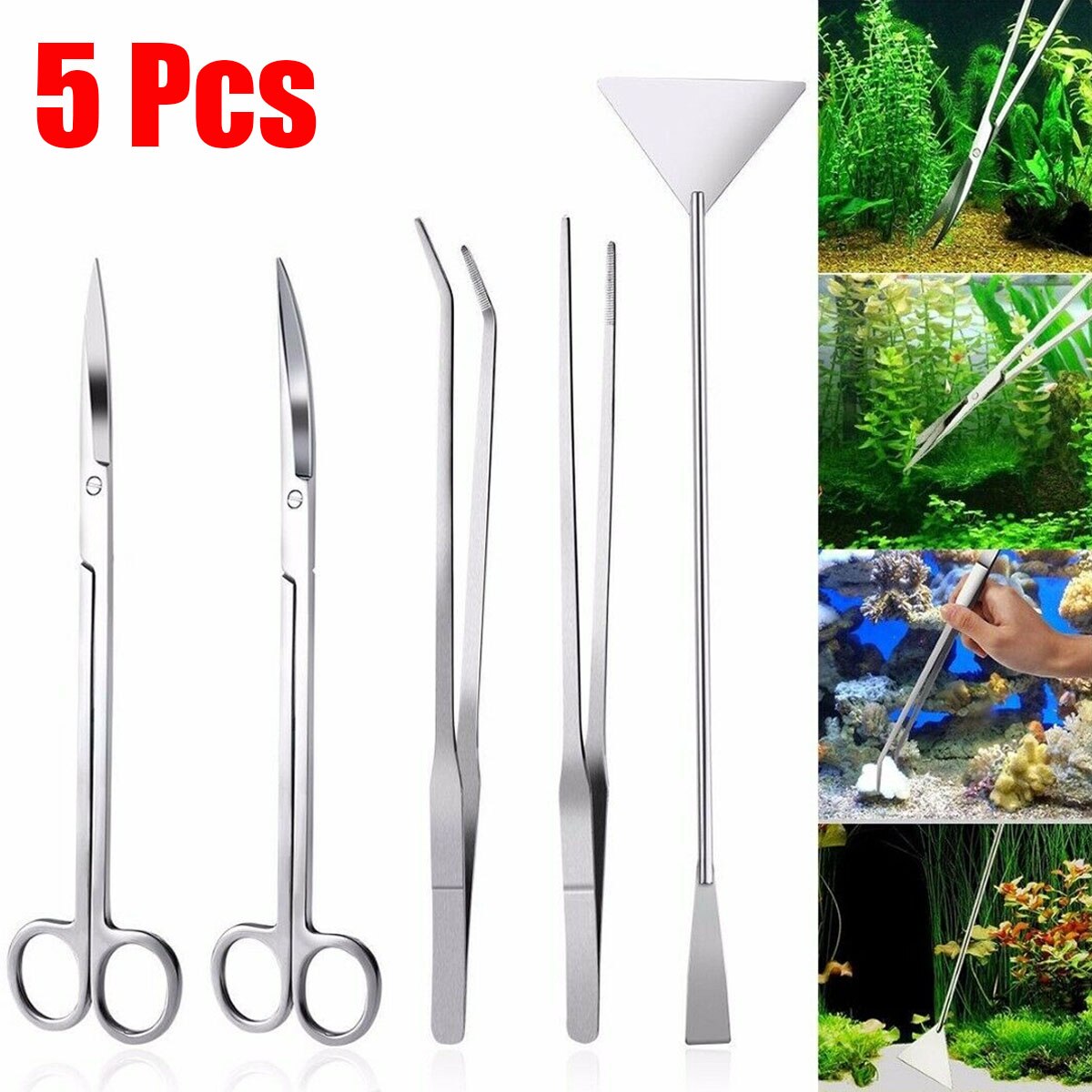Aquarium Fish Tank Tools Kit 3/5pcs Stainless Steel Tweezers Scissors Maintenance Tool for Aquascaping Tank Aquatic Plants: 5pcs