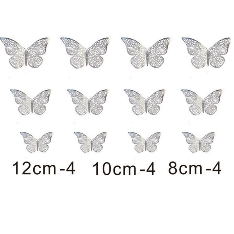 Alas de doble capa Multicolor 3D, adhesivo para pared de mariposa, imán de PVC, mariposas, , dormitorio, decoración de nevera, 12 Uds.: B silver