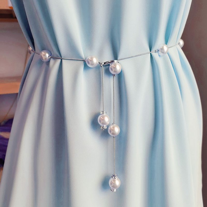 Pearl Women Chain Belt Shell Metal Lady Waist Belts Thin Slim Dress Long Waistbands Straps Banquet Wedding
