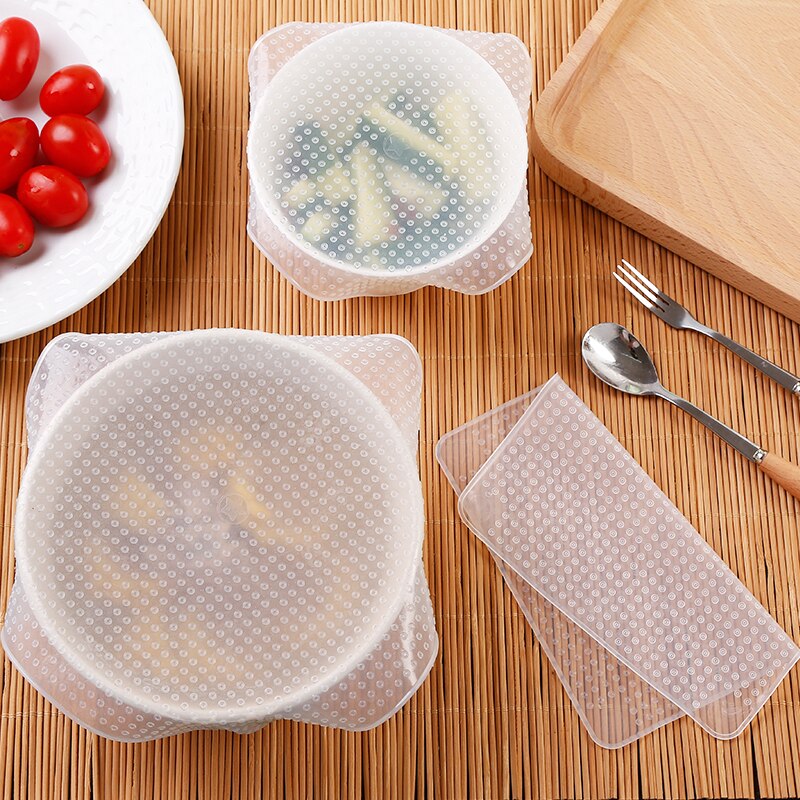 Film alimentaire en Silicone Transparent | 4 pièces, récipient pour aliments frais, scellé, couvercle sous vide extensible