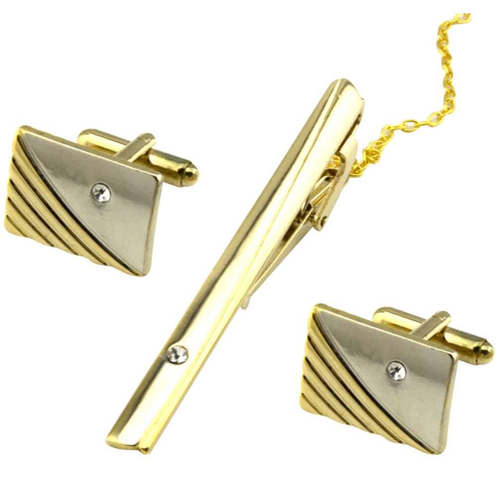 3 Pcs Party Daily Clothes Accessories Wedding Cuff Link Set With Rhinestone Metal Business Plated Tie Clip Curve Stripes