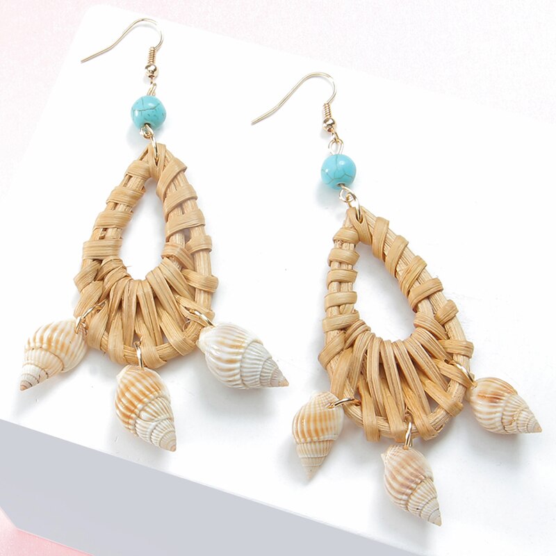 ZOSHI Handmade Earrings For Women Wooden Straw Weave Rattan Wedding Party Dangle Jewelry Shell Earrings Jewelry
