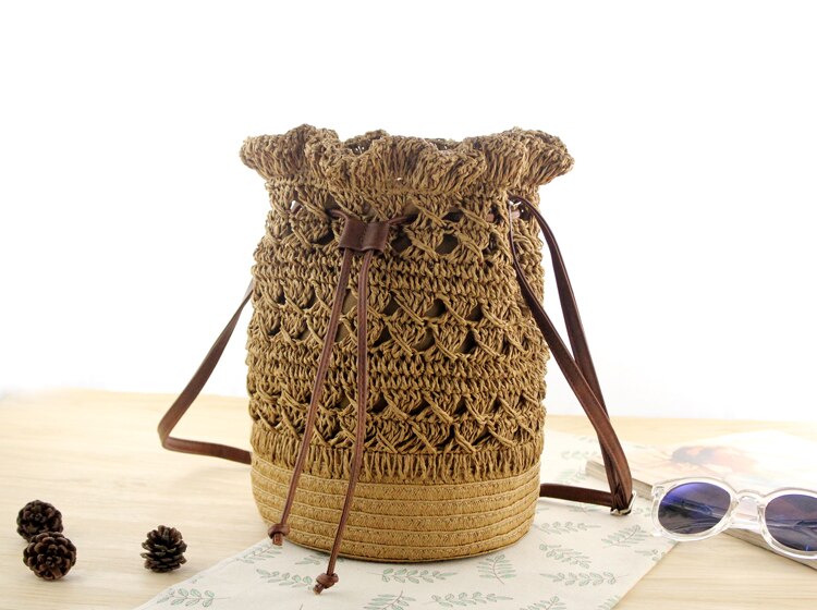 Femmes Vintage décontracté tissé à la main ronde rotin osier paille tissé fourre-tout Papyrus sac à main tricoté seau sac à bandoulière: Brun clair