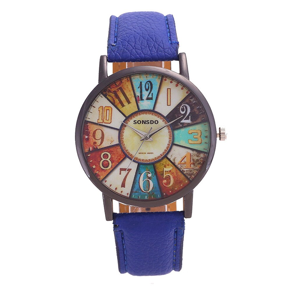 Reloj de cuarzo de estilo Retro para mujer, cronógrafo analógico de cuero de imitación con estampado de grafiti informal: Azul