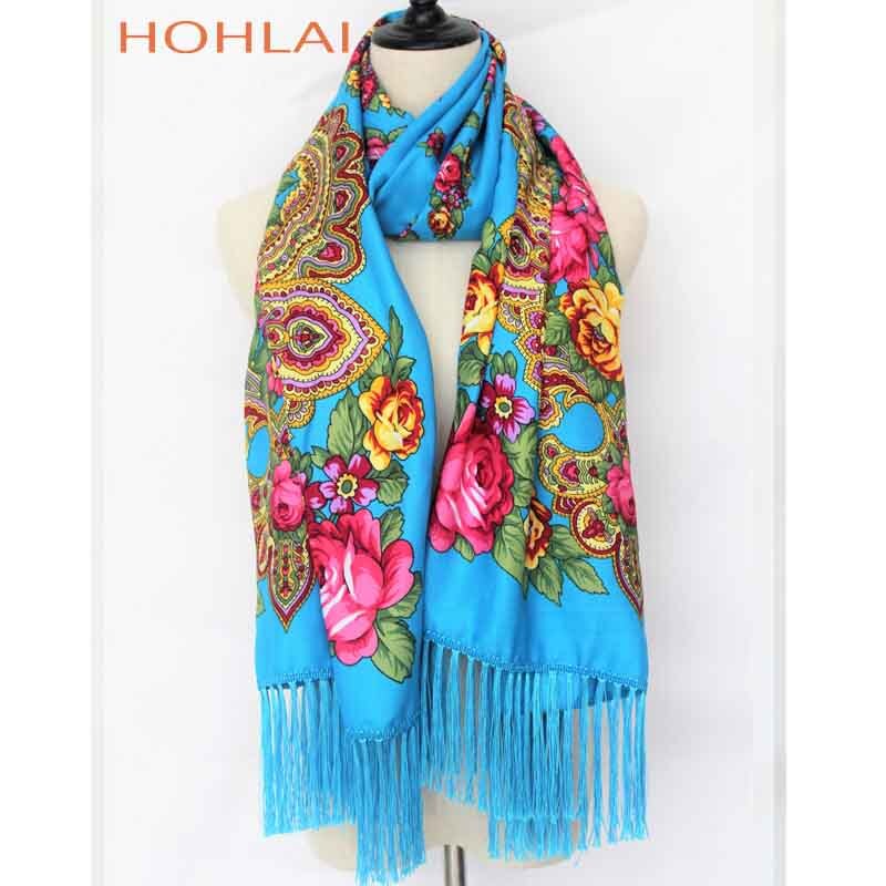 Foulard Long Femme à Franges - Imprimé Floral - Mélange Coton - Plus de 175cm: Bleu ciel