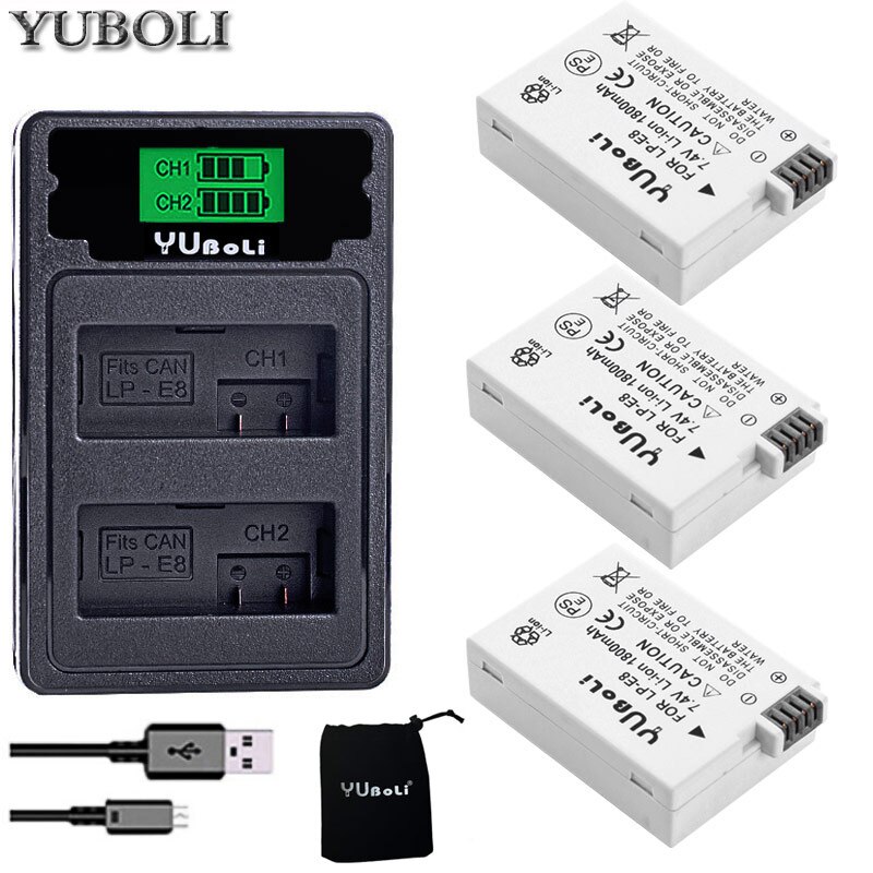 Batería de LP-E8 para Canon EOS 600D 550D 650D 700D Kiss X5 X4 X6 X7 Rebel T3i T2i T4i T5i 1500Mah, baterías de la Cámara LP E8: charger and 3battery