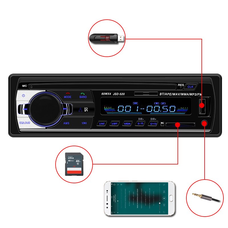 Bluetooth Autoradio Autoradio Radio FM Aux Ingang Ontvanger SD USB JSD-520 12V In-dash 1 din 12pin auto MP3 Multimedia Speler